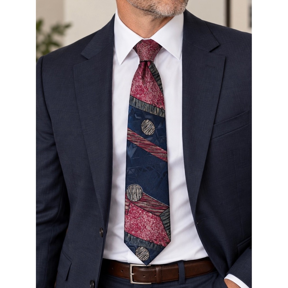 Bugle Boy USA Vintage Men's Tie Navy Blue Burgundy Geometric Abstract 90s Retro